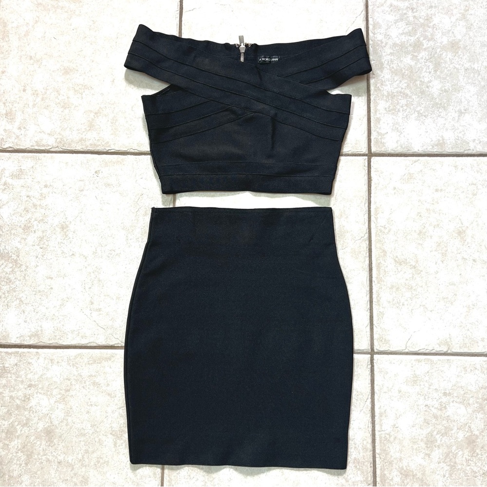 NWOT A World Away Black Elastic Crop Top & Mini Skirt Set